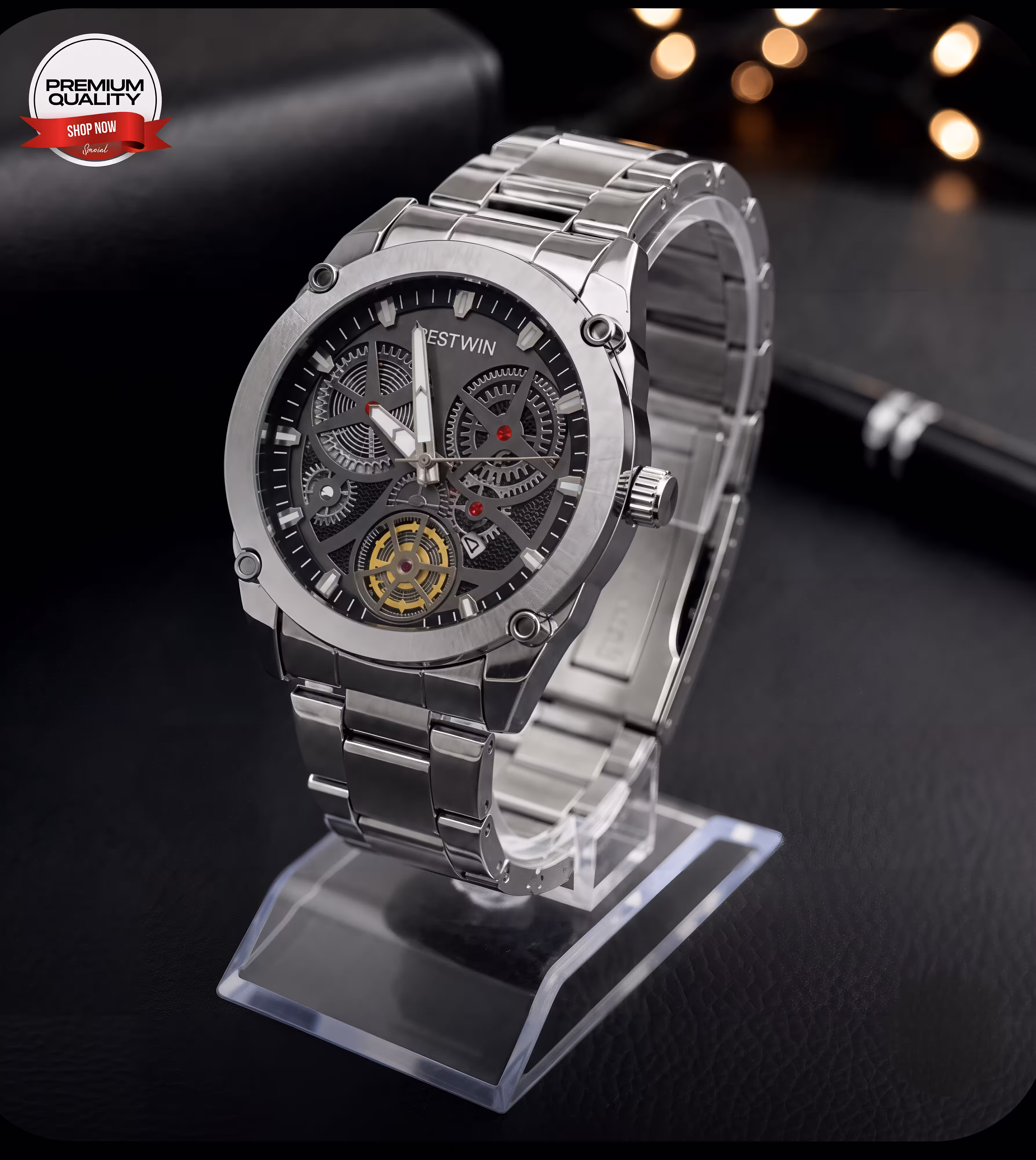 Bestwin Original Mens Stainless Steel Watch Black Dial