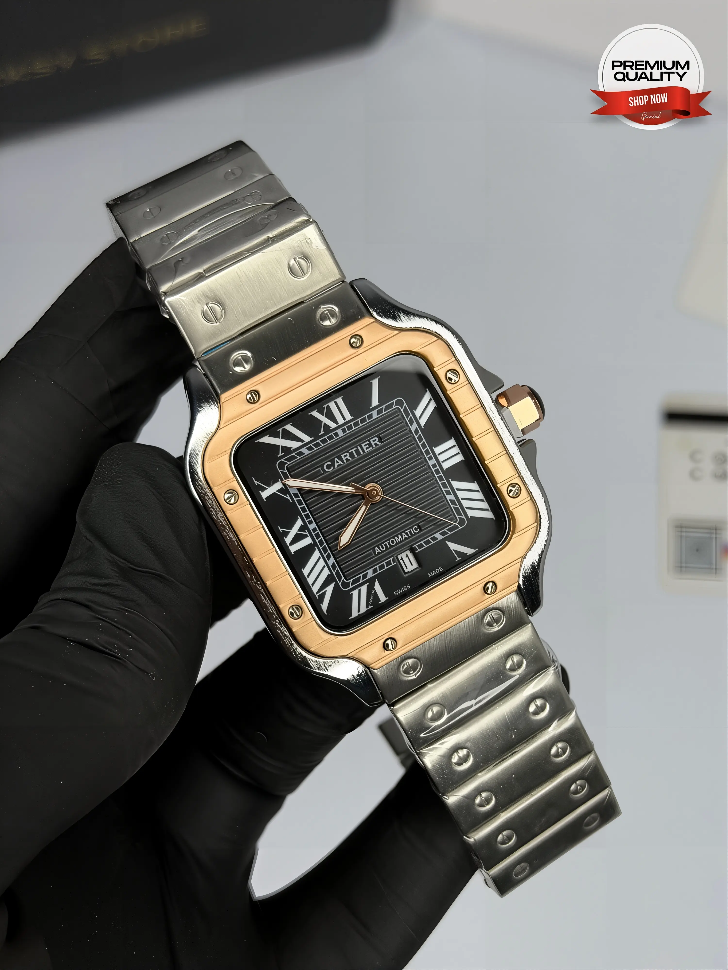 Cartier Santos De Two Tone Mens Watch (Black Dial)
