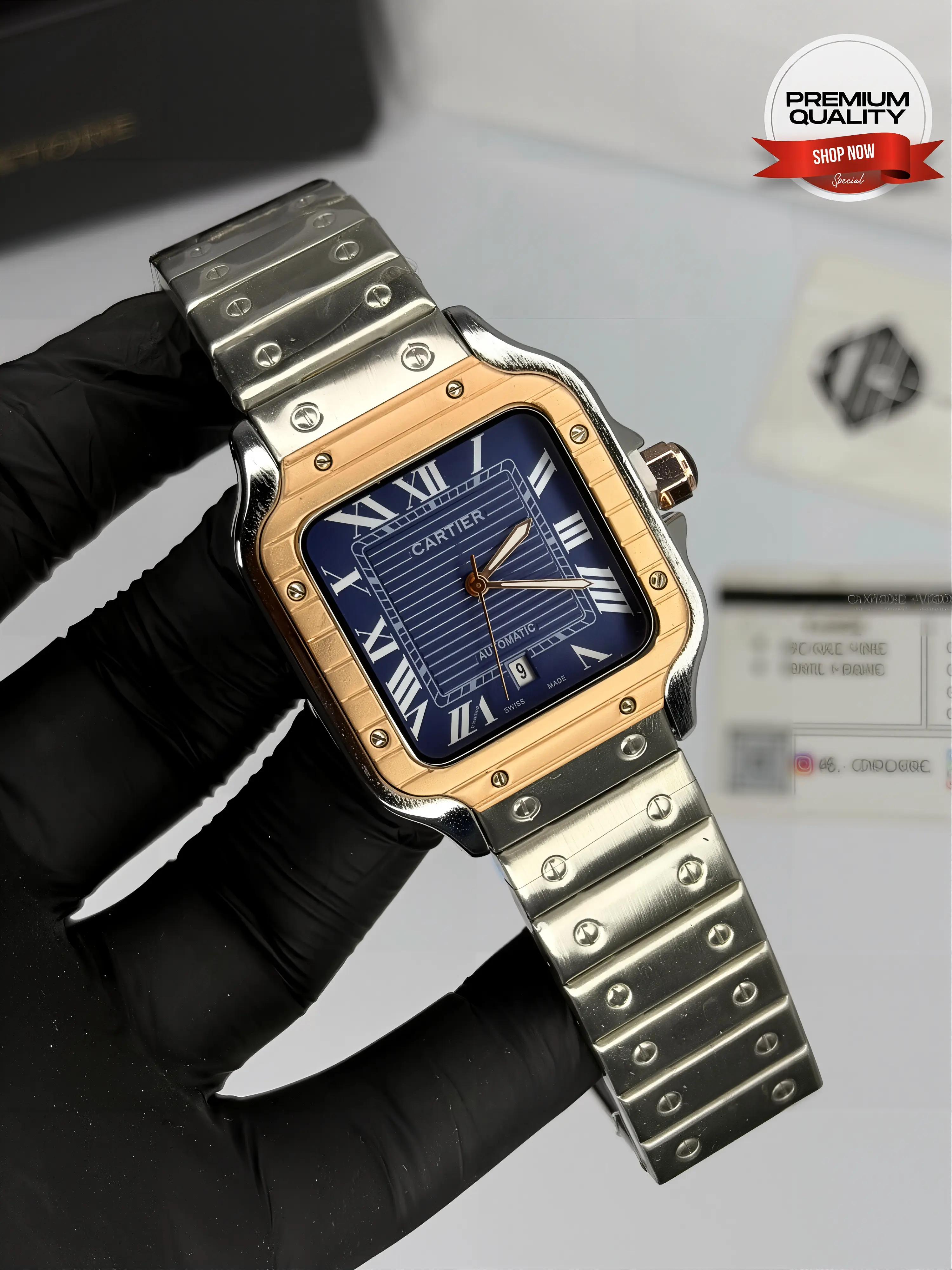 Cartier Santos De Two Tone Mens Watch Blue Dial