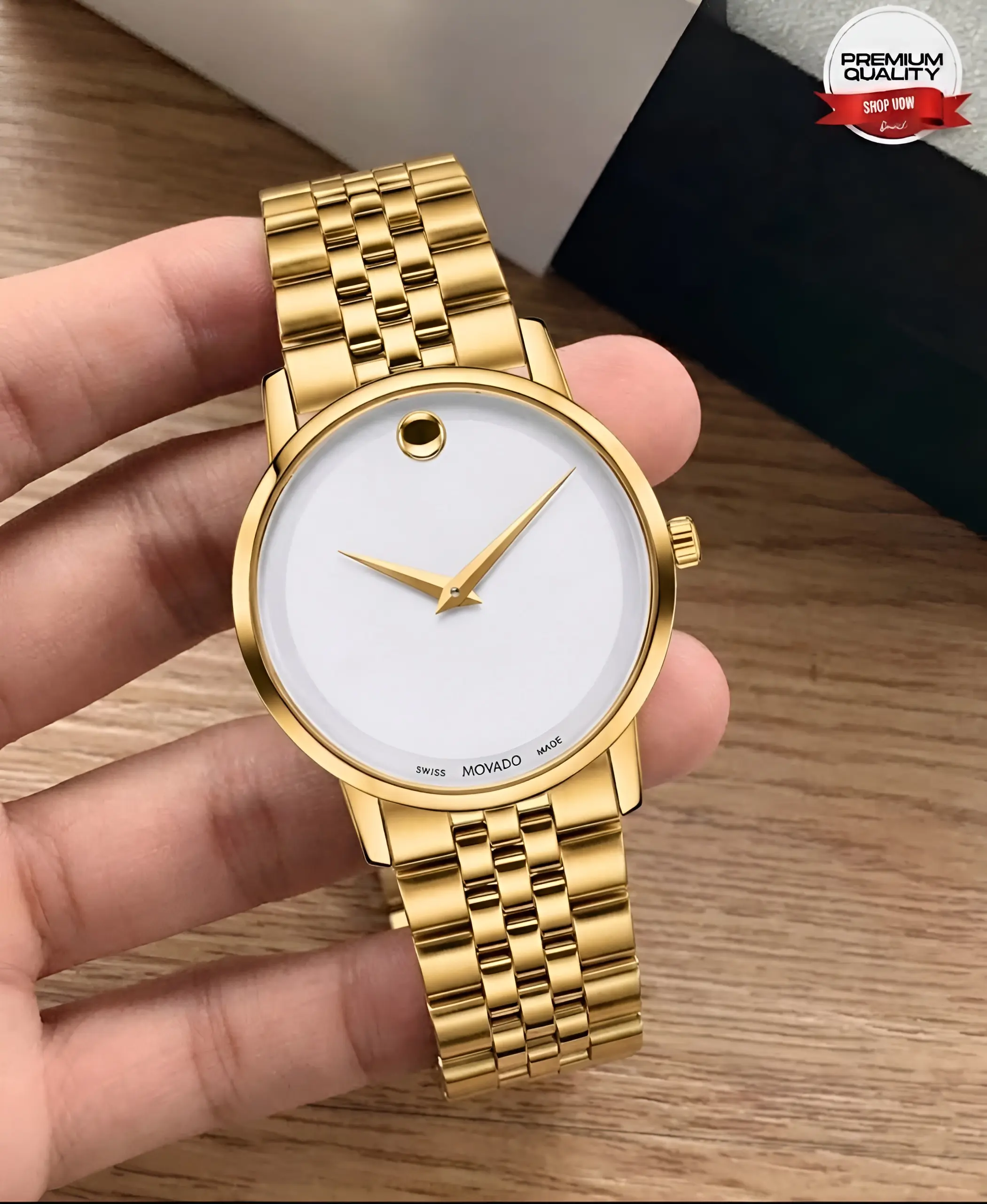 Movado Museum Gold Mens Watch with White Dial Hands On Image