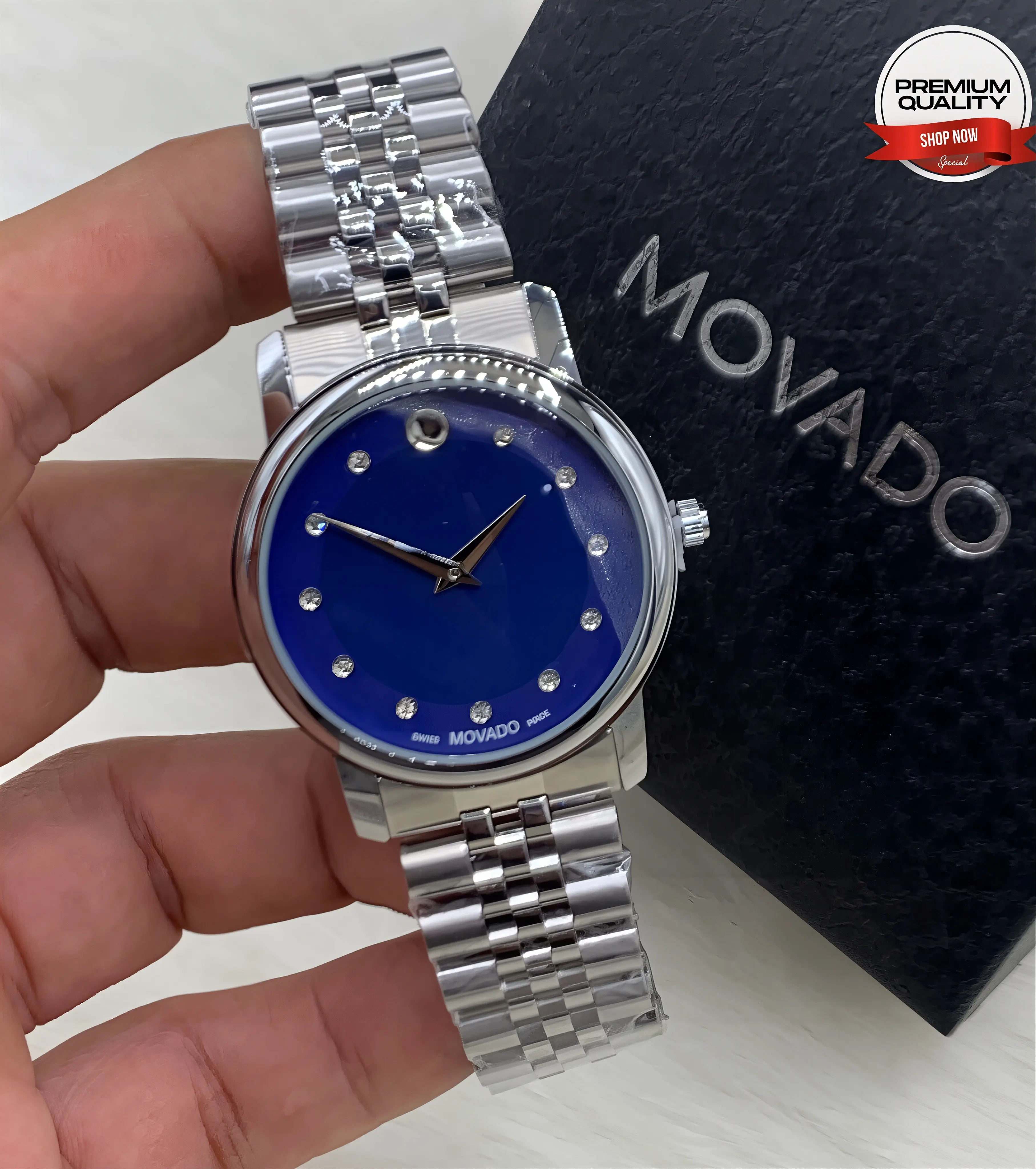 Movado Museum Men’s Gold Watch with Blue Dial Real Image