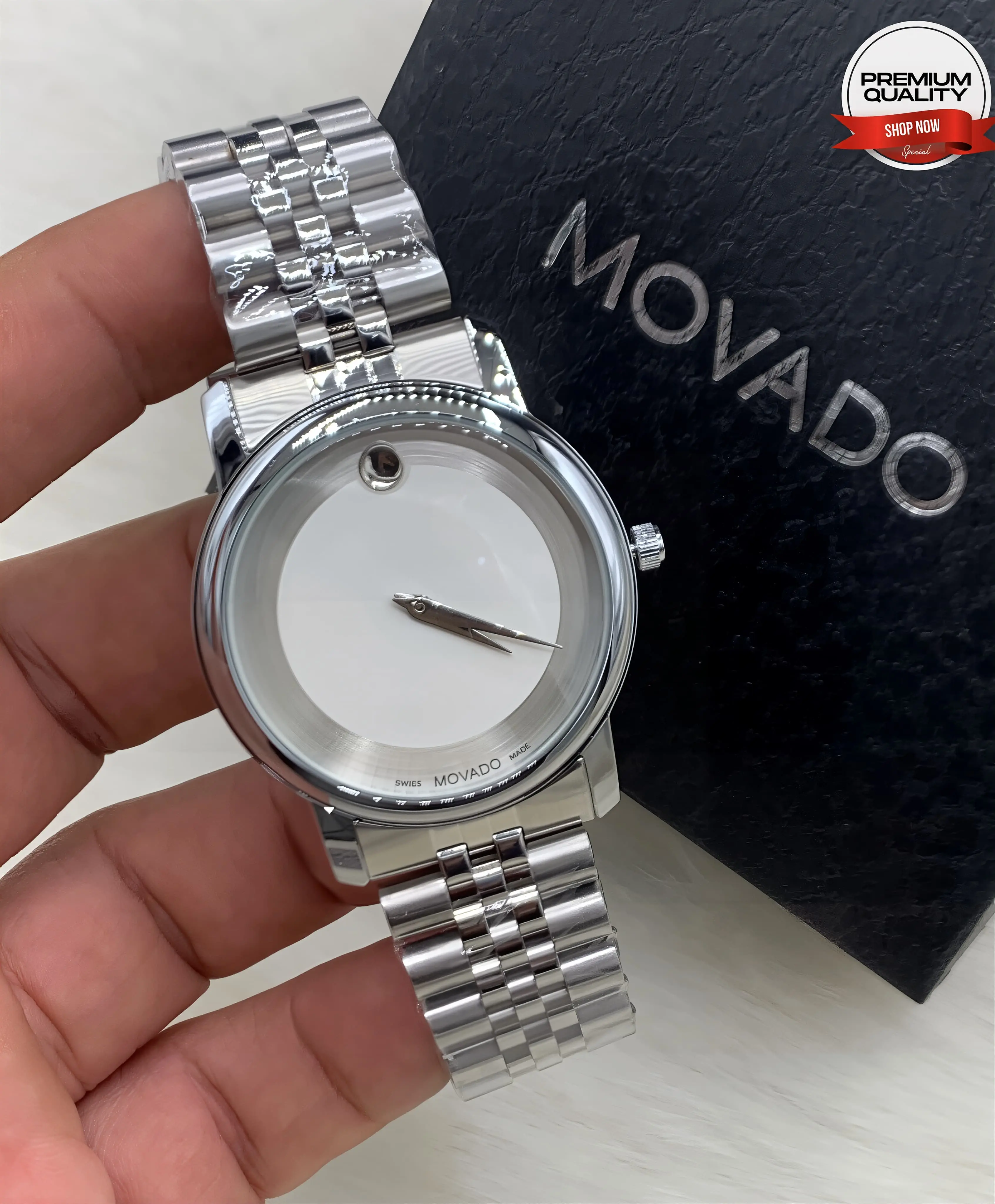 Movado Museum Silver Men’s Watch with White Dial Real Picture